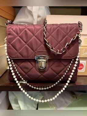 Prada Impuntu Tessuto Quilted Nylon Chain Crossbody Bag Granato w/Dust Bag Cards
